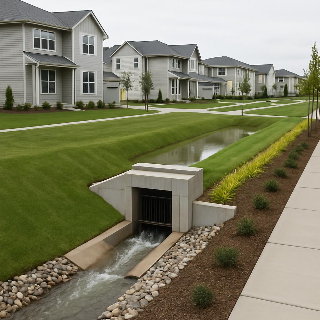 In a suburban neighborhood, a storm drain runs lengthways down the top of a grassy area-lined canal under a smaller road p...