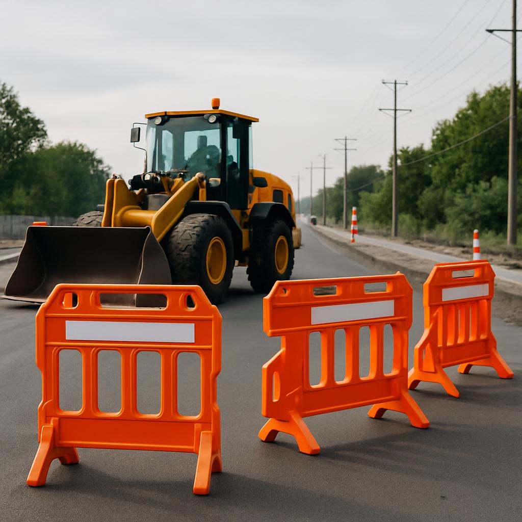 The image shows a road with a yellow tractor and orange road barriers.
